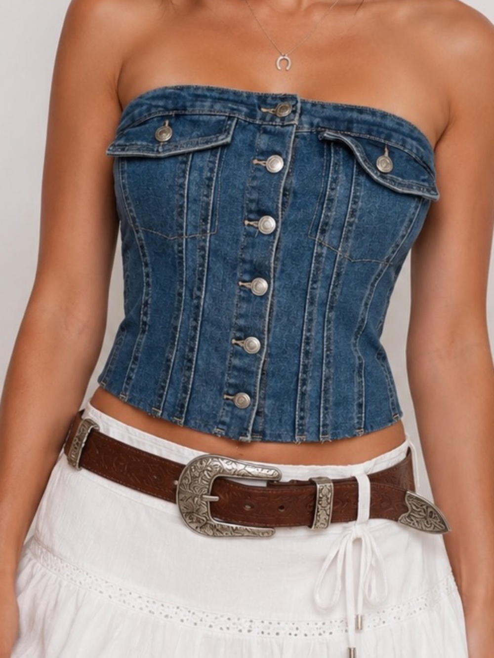 Refuge Denim Bandeau Top Womens Size Large Blue Country Cowgirl Strapless Corset